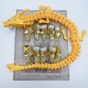 Luxury Dragon Ring Press-On Nails | Rhinestone 3D Flower | Long Coffin